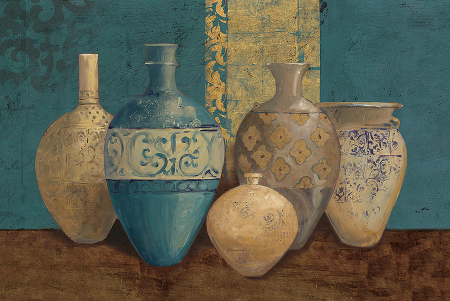 Still Life Painting - Aegean Vessels On Turquoise by Avery Tillmon