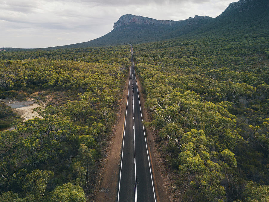 Aerial Endless Road Towards Mountains At The Grampian National Park