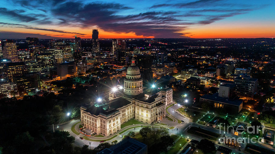 Aerial image Texas State Capitol during dramatic sunset Photograph by Herronstock Prints