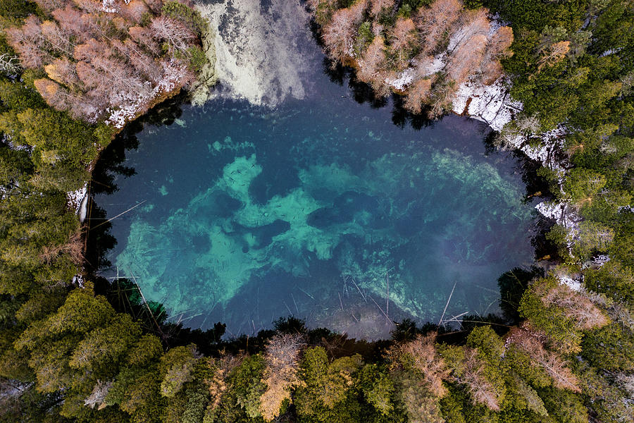 Nature Photograph - Aerial Of Blue Freshwater Spring In Kitch-iti-kipi Sp In Michigan by Cavan Images