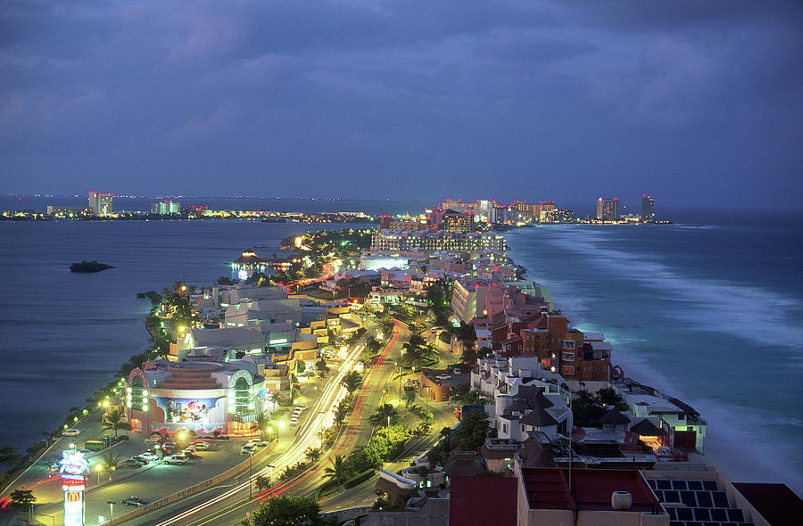 Aerial Of Cancun At Night, Mexico Photograph by Peter Adams