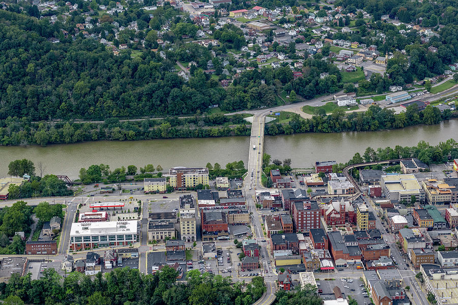 Aerial of downtown Morgantown West Virginia with bridge to Westover Photograph by Dan Friend