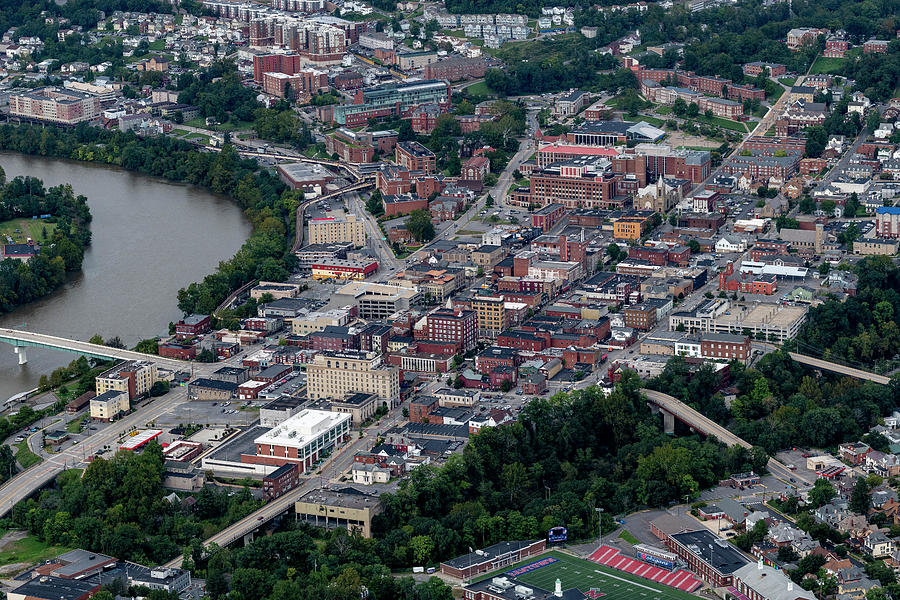 Aerial of downtown Morgantown with river Photograph by Dan Friend