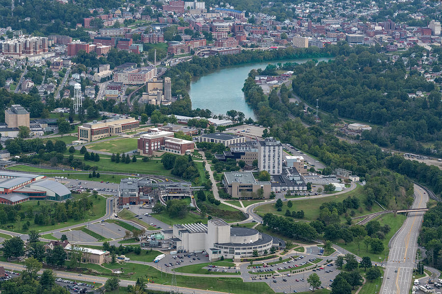 Aerial of Evansdale Campus with river Photograph by Dan Friend