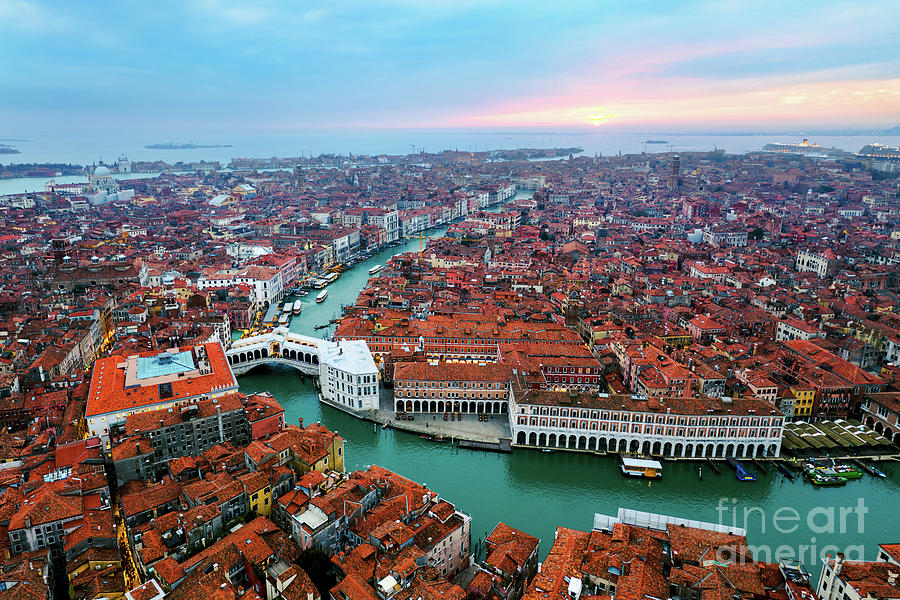 Aerial of Rialto bridge at sunset, Venice Photograph by Matteo Colombo
