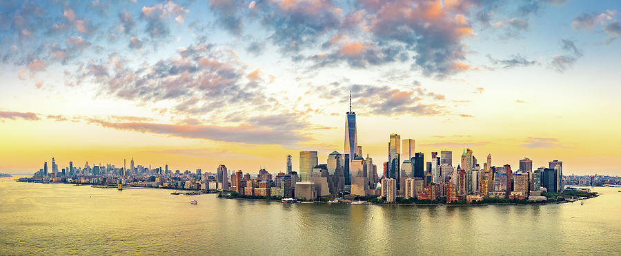 Aerial panorama of New York City skyline at sunset Photograph by Mihai Andritoiu
