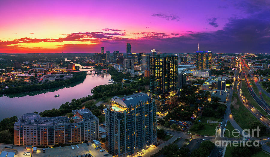 Sunset Photograph - Aerial panorama view as beautiful sunset falls over the Rainey D by Dan Herron