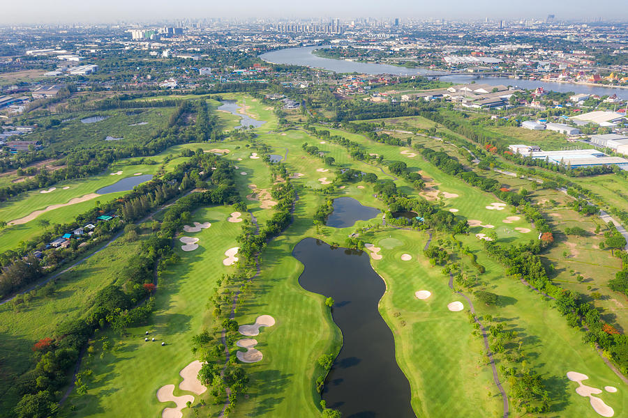 Nature Photograph - Aerial Panoramic View Of Golf Course by Prasit Rodphan