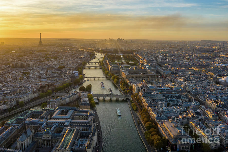 Aerial Paris And The Seine At Dusk Photograph