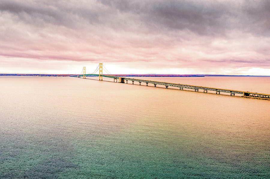 Aerial Sunset View Of The Beautiful Mackinaw Bridge. The Largest Suspended Bridge In America Photograph