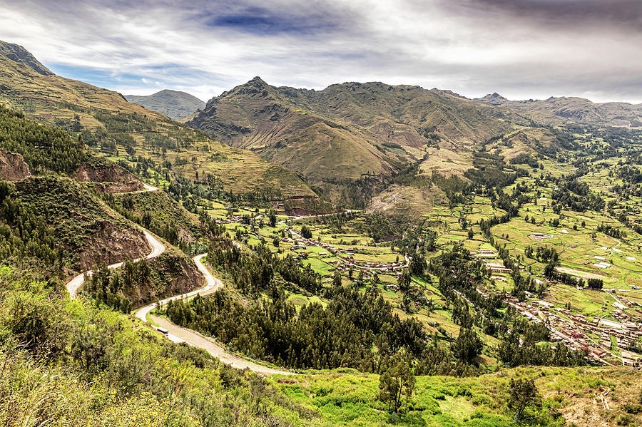 Aerial view at Sacred Valley of Incas as seen from the hill at P ...