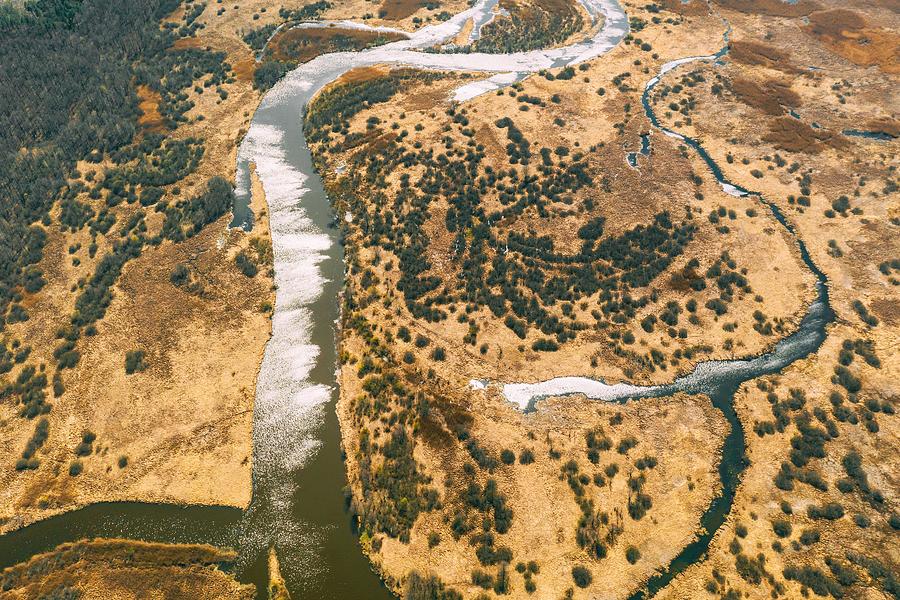 Nature Photograph - Aerial View Curved River In Early by Ryhor Bruyeu