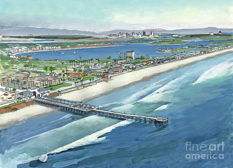 Pacific Beach to Downtown San Diego California Painting by Paul Strahm