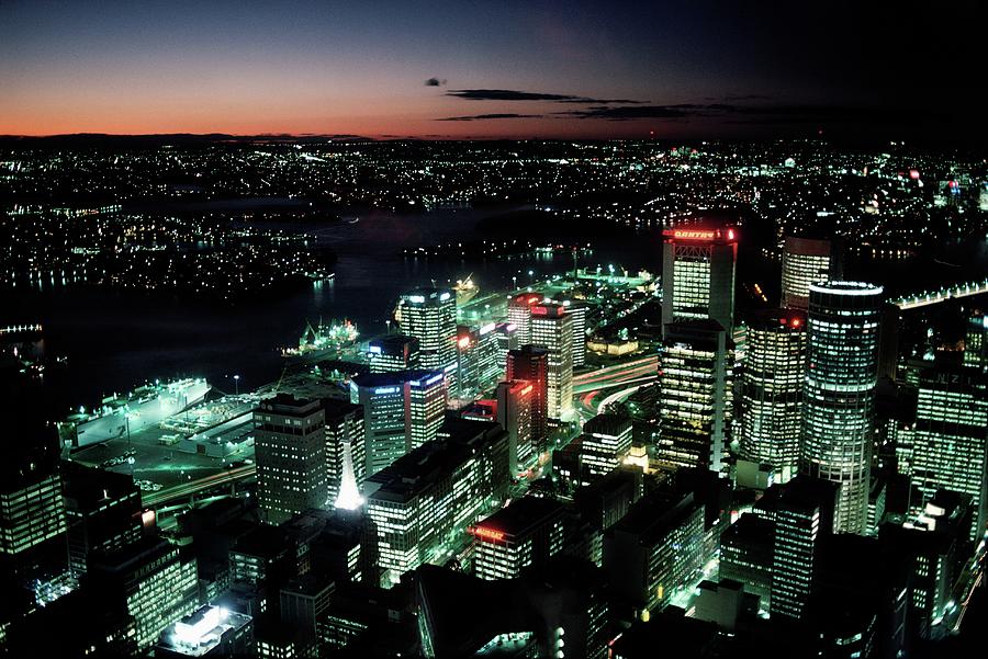 Aerial View Of A City Lit Up At Night Photograph By Dreampictures | Pixels