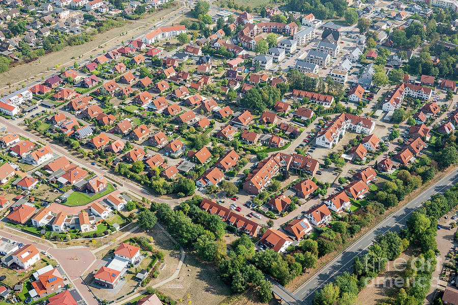 Aerial view of a German suburb with streets and many small houses for ...