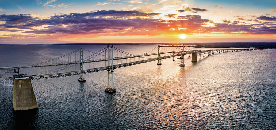 Aerial view of Chesapeake Bay Bridge at sunset. Photograph by Mihai Andritoiu