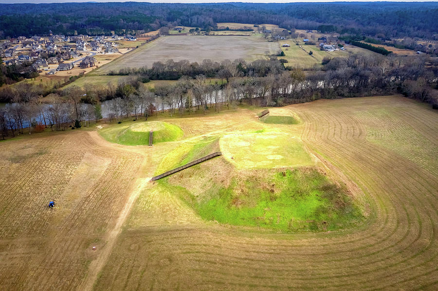 Aerial view of Etowah Indian Mounds Historic Site in Cartersville Georgia  Photograph by Rod Gimenez