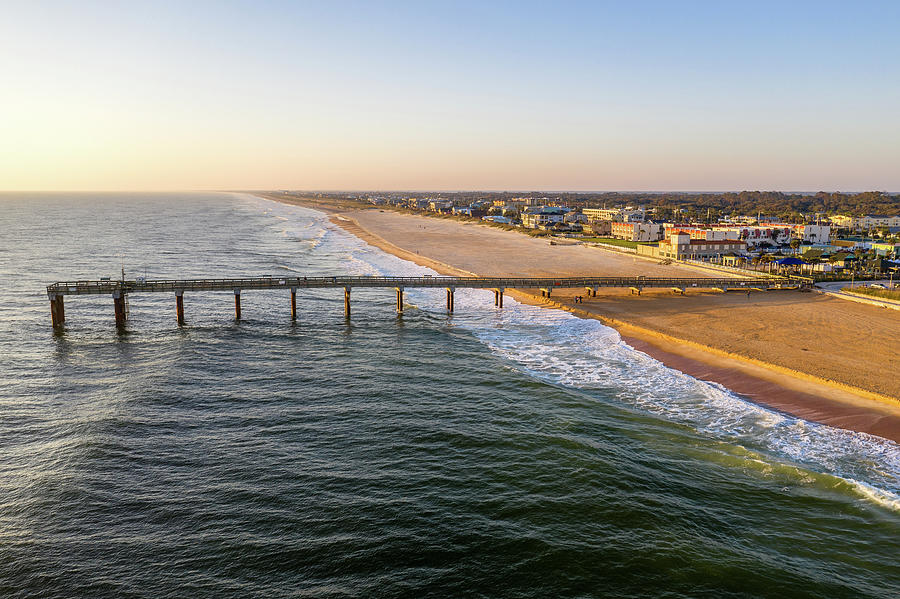 Aerial View Of Fishing Pier In Saint Augustine Beach During Sunrise Photograph