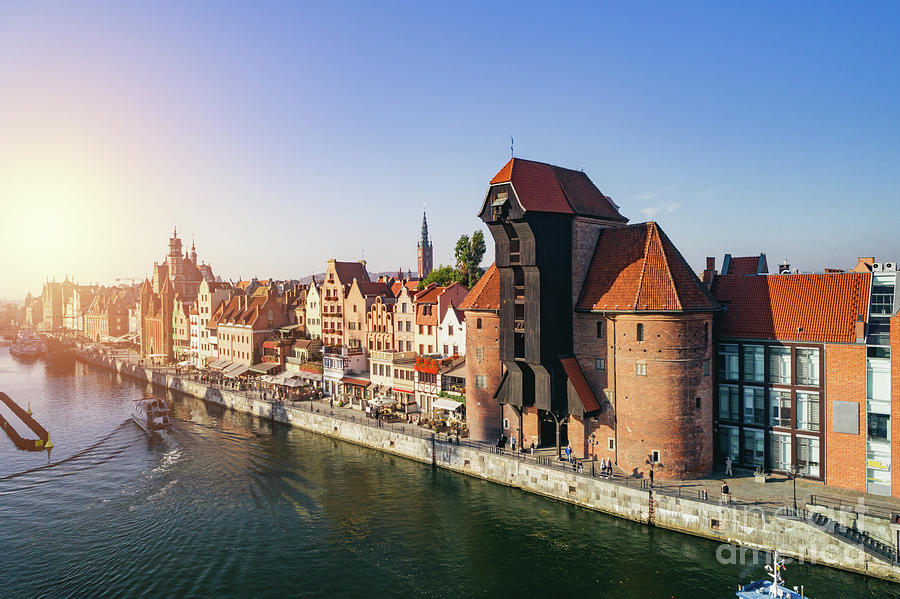 Aerial view of Old Town and crane in Gdansk, Poland. Photograph by Michal Bednarek