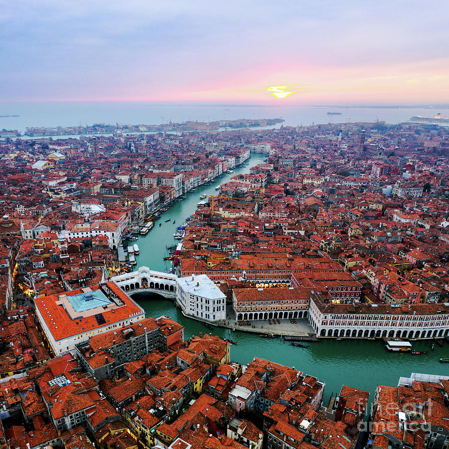 Aerial view of Rialto bridge at sunset, Venice Photograph by Matteo Colombo