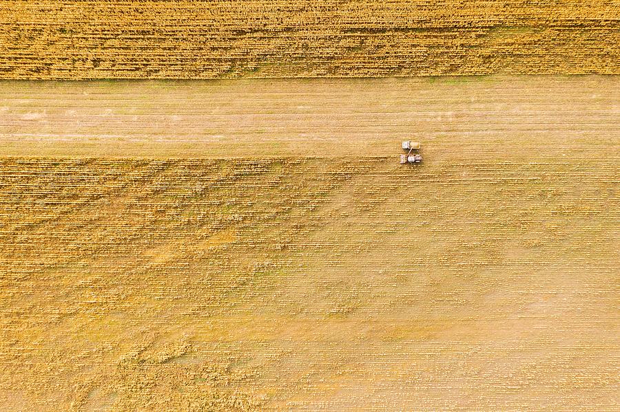 Cereal Photograph - Aerial View Of Rural Landscape. Combine by Ryhor Bruyeu