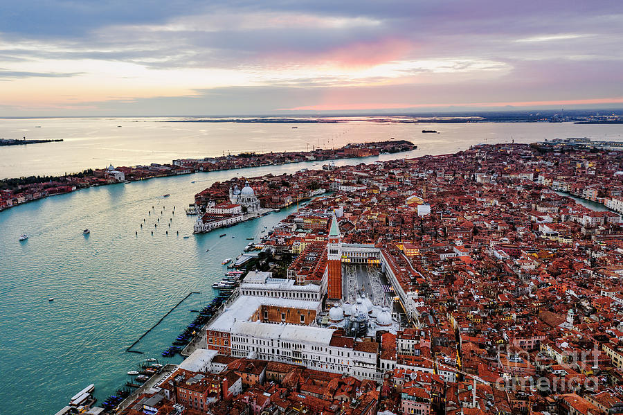 Aerial view of sunset in Venice, Veneto, Italy Photograph by Matteo Colombo