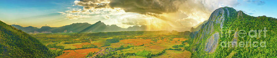 Sunset Photograph - Aerial view of the fields and mountain. Beautiful landscape pano by MotHaiBaPhoto Prints