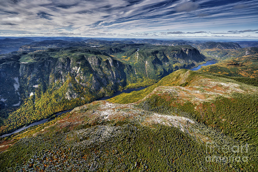 Aerial view of the Hautes-Gorges-de-la-Malbaie, Charlevoix, Quebec, Canada.  Photograph by Laurent Lucuix
