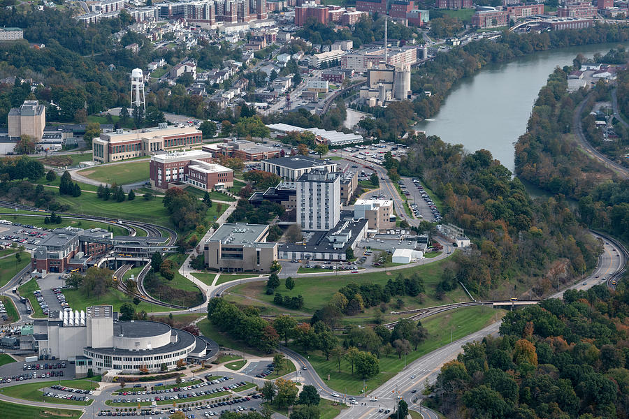 Aerials of Evansdale Campus with Engineering Buildings and CAC and Monongahela River  Photograph by Dan Friend