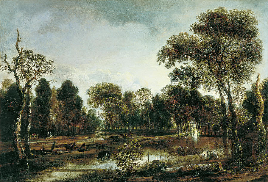 Aert van der Neer -Active in Amsterdam, 1603 - 1677-. Wooded River Landscape -ca. 1645-. Oil on p... Painting by Aert van der Neer -1603-1677-
