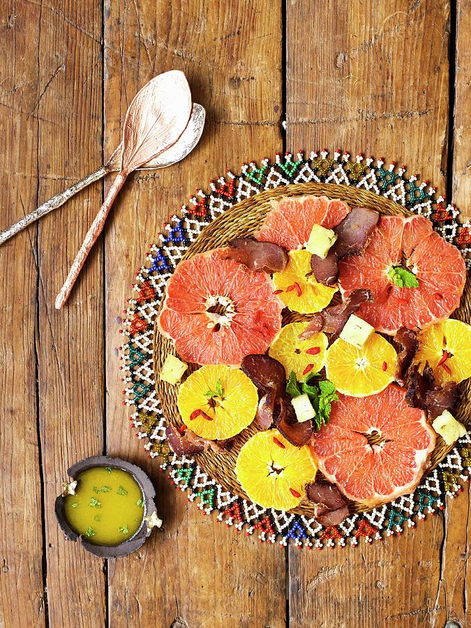 Afircan Citrus Fruit Salad With Biltong And Cornflour Croutons Photograph by Great Stock!