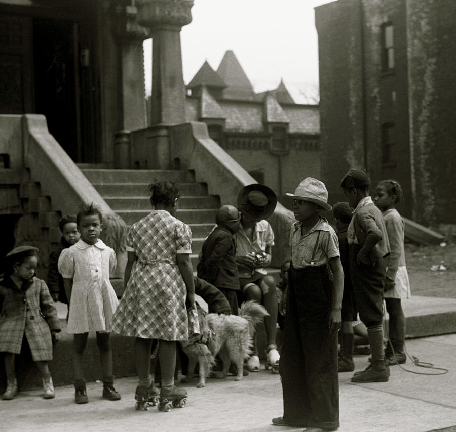 African American inner city children with Mother on stoop with dog Painting by 