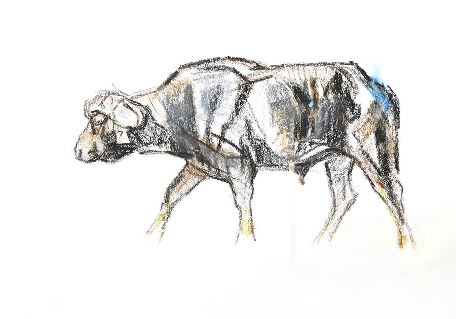 Buffalo Painting - African Buffalo, 2020 Crayon And Watercolor On Paper by David Mayer