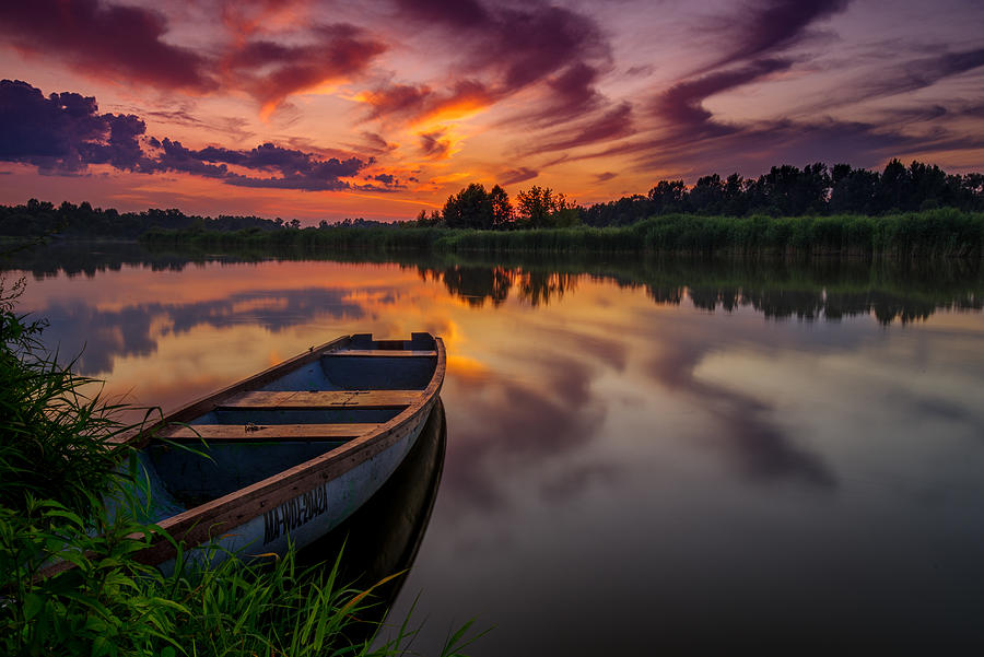 Sunset Photograph - After The Sunset, Boat On Bug River by Bartosz Skotnicki