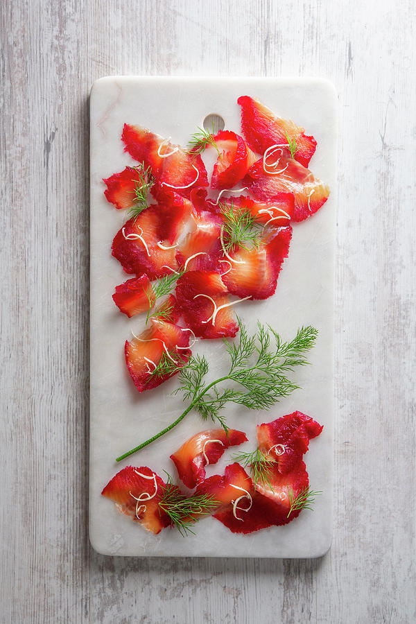 Aged Salmon With Beetroot And Dill Photograph by Sandra Krimshandl-tauscher