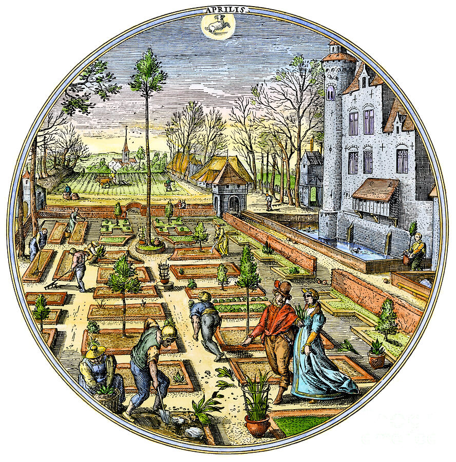Spring Drawing - Agriculture Gardening In A European Vegetable Garden At The Beginning Of Spring Around 1590 Colour Engraving Of The 16th Century by American School