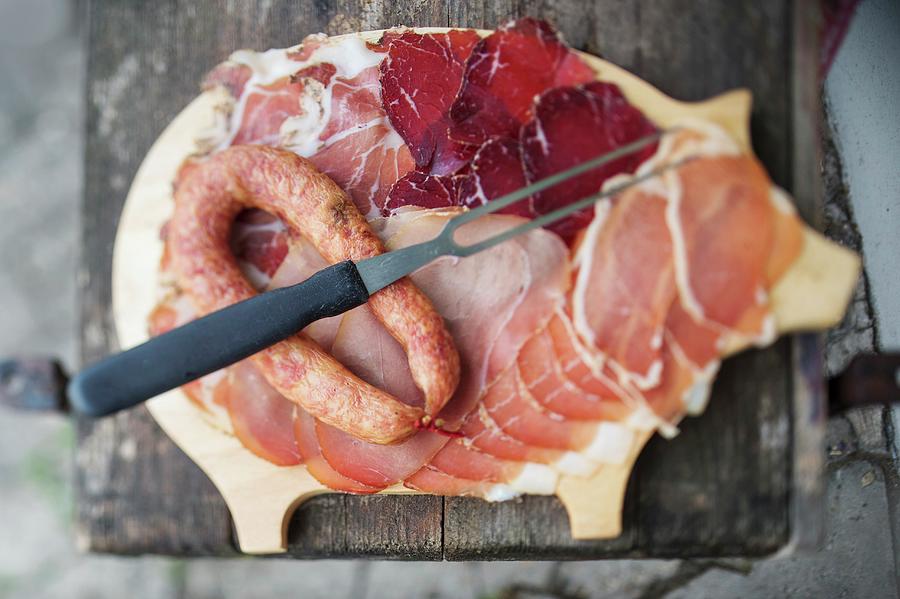 Air-dried Beef Ham, Bacon And Smoked Mettwurst raw Minced Pork Spread At The hornung Country Bakery In Lautertal In The Hessische Bergstrasse Wine Region Of Germany Photograph by Jalag / Maria Schiffer