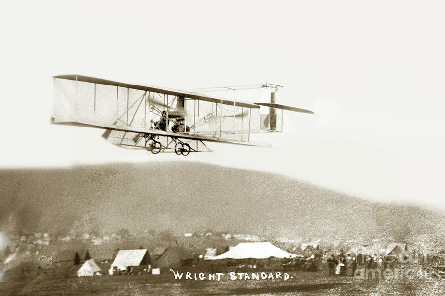 In Flight Photograph - Air plane Wright standard in flight Circa 1910 by Monterey County Historical Society