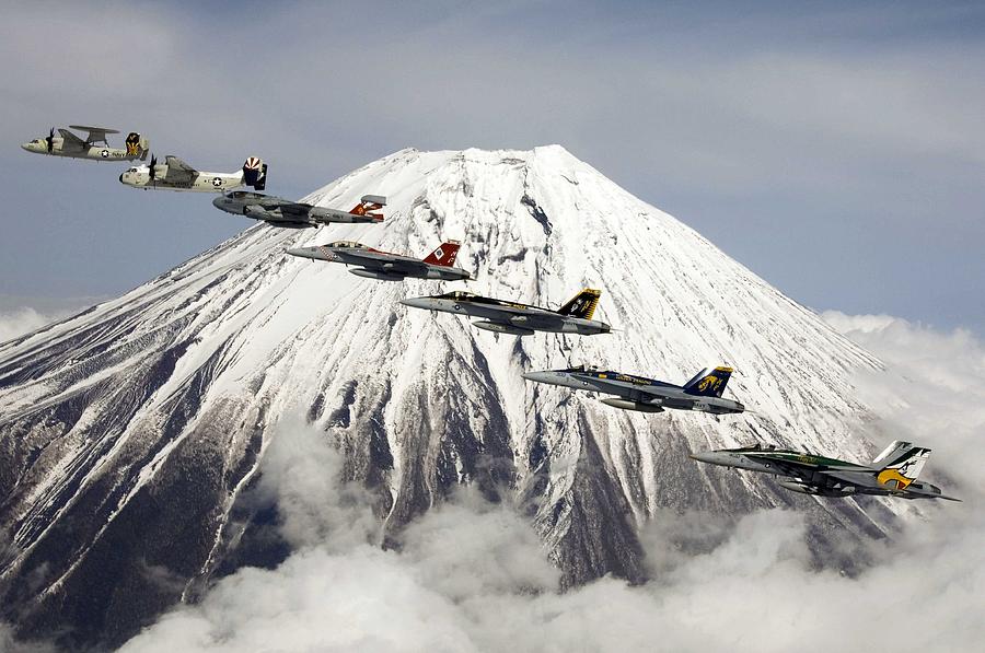 Aircraft Assigned To Carrier Air Wing Five  Cvw-5  Perform A Formation Flight In Front Of Mount Fuji Painting