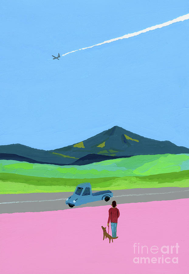 Airplane And Pick Up Truck And Dog And Meadow Painting by Hiroyuki Izutsu