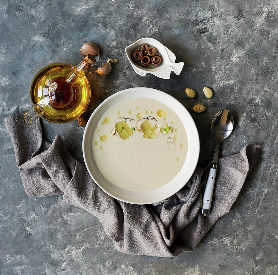 Ajo Blanco, Spanish Typical Cold Soup, Made Of Almonds And Garlic With Olive Oil And Bread Photograph by Julia Bogdanova