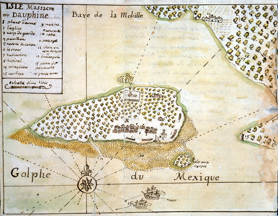 Map Drawing - Alabama: Dauphin Island, 1719 by Dumont De Montigny
