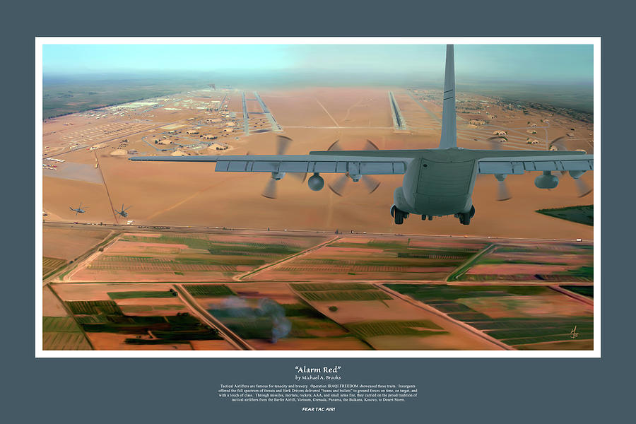 C-130 Digital Art - Alarm Red with Faux Firefly Blue Matting by Michael Brooks