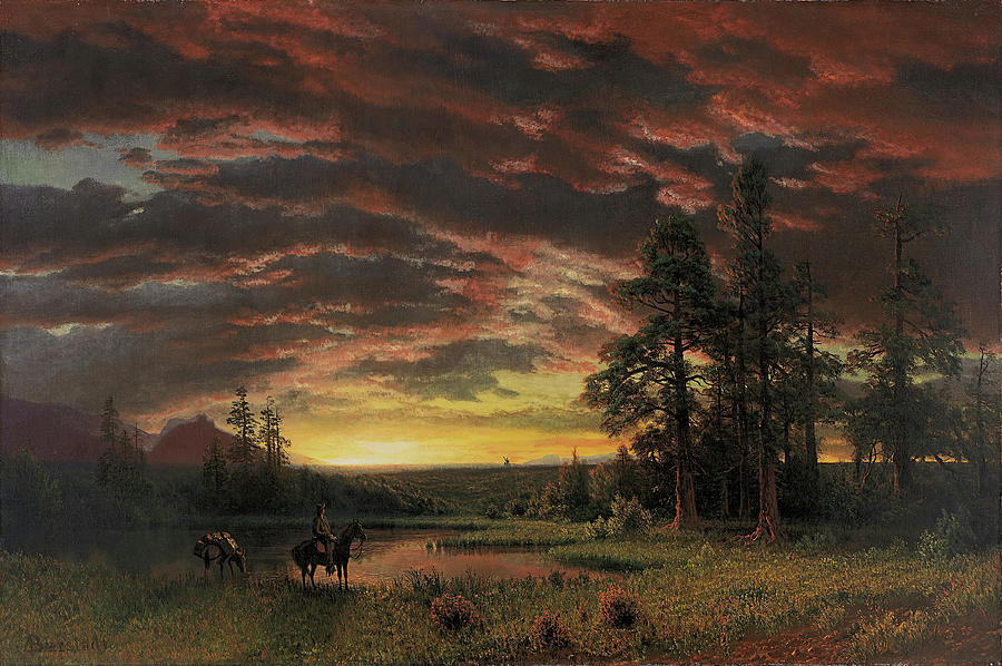 Albert Bierstadt -Solingen, 1830-New York, 1902-. Evening on the Prairie -ca. 1870-. Oil on canva... Painting by Albert Bierstadt -1830-1902-