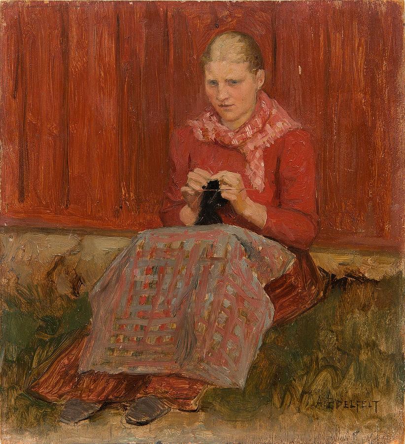 Albert Edelfelt, A Girl Knitting Painting by Celestial Images