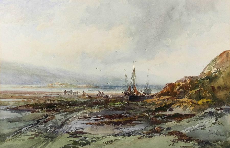 Albert Pollitt 1856-1926 - Four watercolours - Coastal scene with fishing boats drawn up on to the Painting by Celestial Images