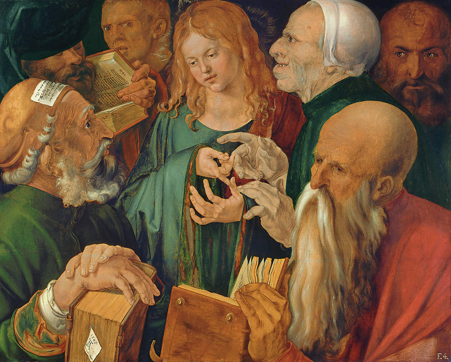 Albrecht Durer -Nuremberg, 1471-1528-. Jesus Among the Doctors -1506-. Oil on panel. 64.3 x 80.3... Painting by Albrecht Durer -1471-1528-