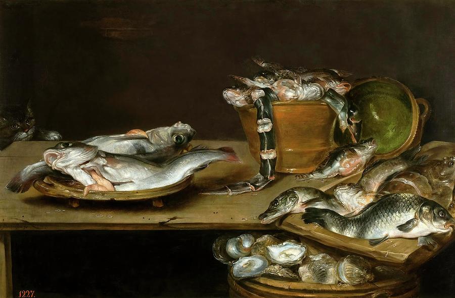 Alexander Adriaenssen / Still Life with Fish, Oysters and a Cat, First half 17th century. Painting by Alexander van Adriaenssen -1587-1661-