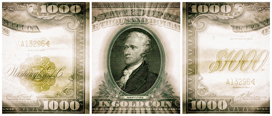 Alexander Hamilton 1907 American One Thousand Dollar Bill Currency Triptych Digital Art by Shawn OBrien