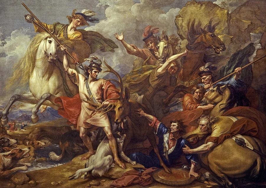 Wildlife Painting - Alexander III of Scotland Rescued from the Fury of a Stag by the Intrepidity of Colin Fitzgerald   T by Celestial Images